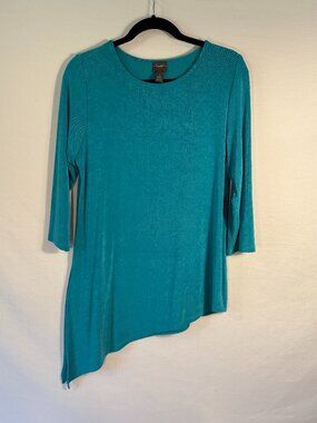 Travelers by Chico's Teal Slinky Knit Asymmetric Top 3/4 Sleeve Sz 1 M